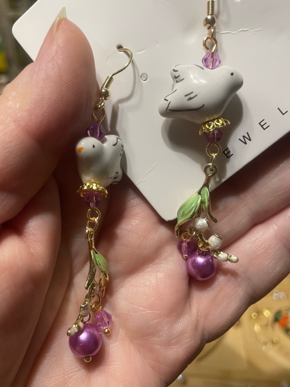 Hand Crafted White Bird Drop Earrings with Pink and Green Accents - Picture 4 of 5